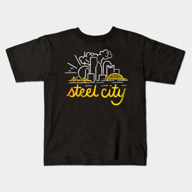 Steel City Sunny Skyline Kids T-Shirt by polliadesign